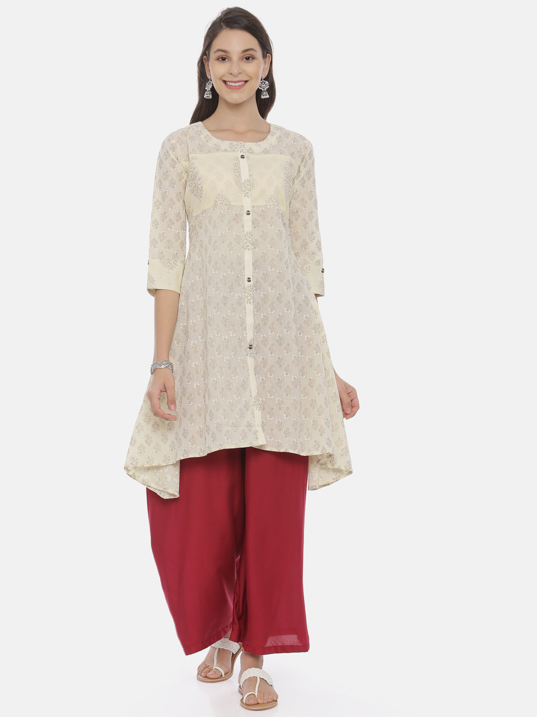 Neerus Beige rayon printed A-line kurti - front view