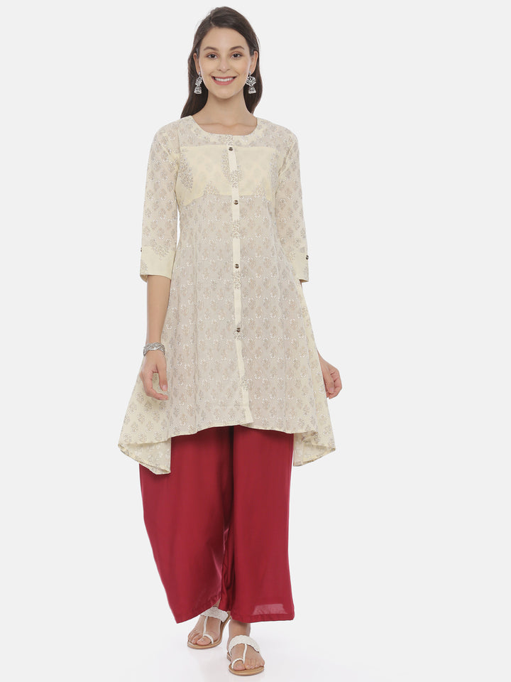 Neerus Beige rayon printed A-line kurti - front view