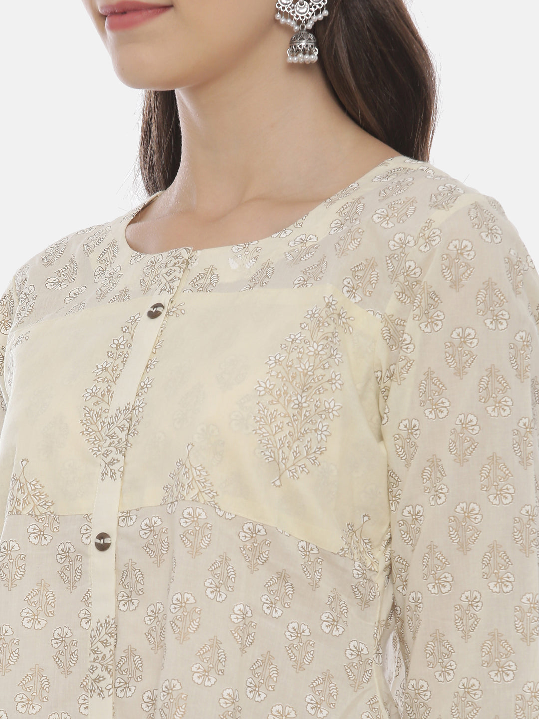 Neerus Beige rayon printed A-line kurti - detail view 2