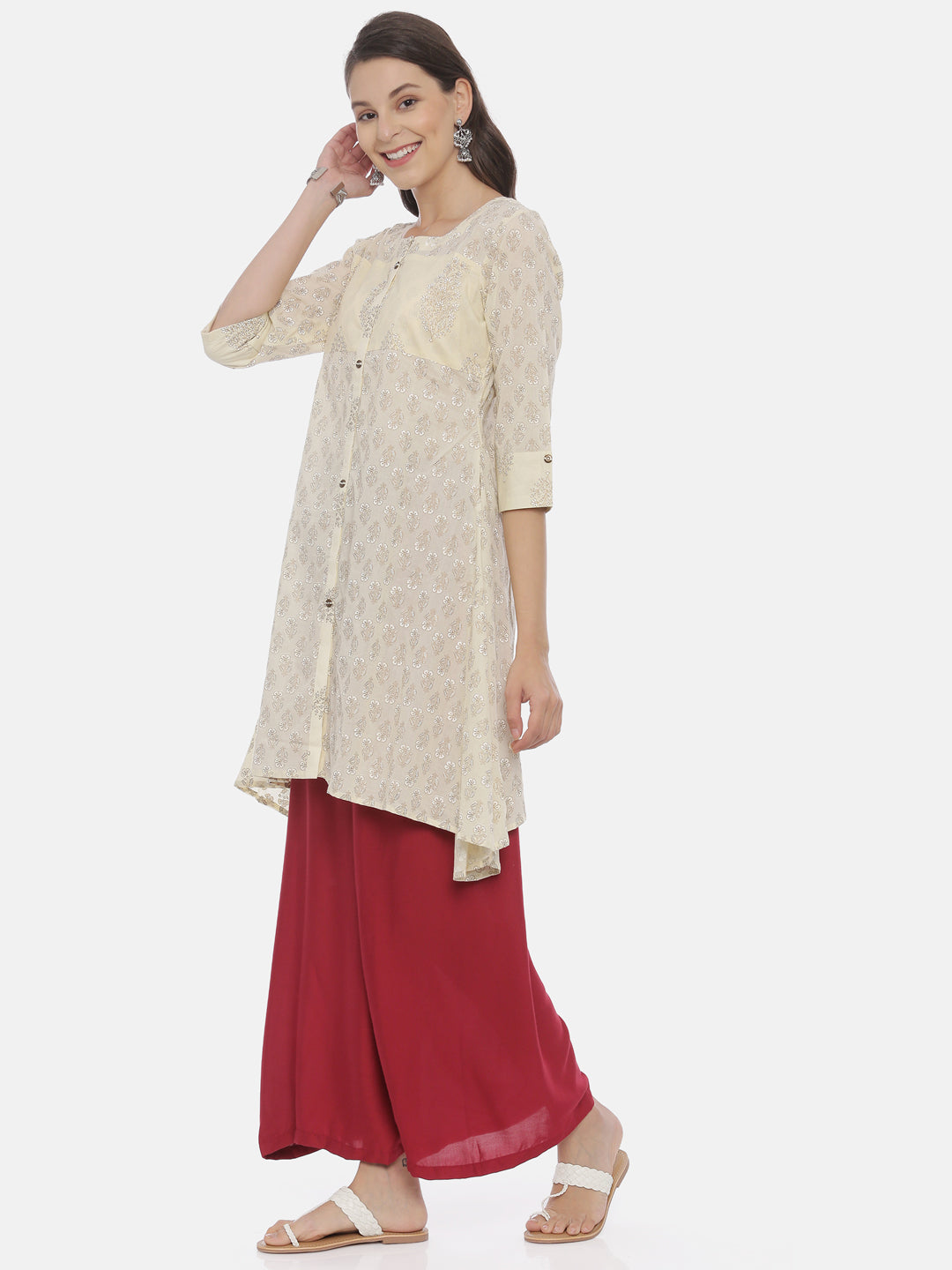 Neerus Beige rayon printed A-line kurti - back view