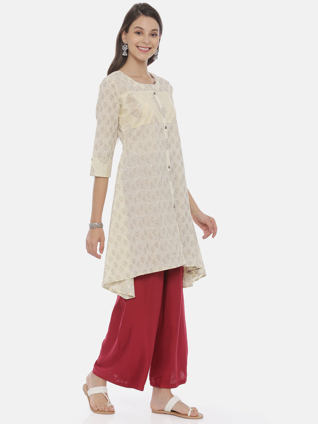 Neerus Beige rayon printed A-line kurti - side view