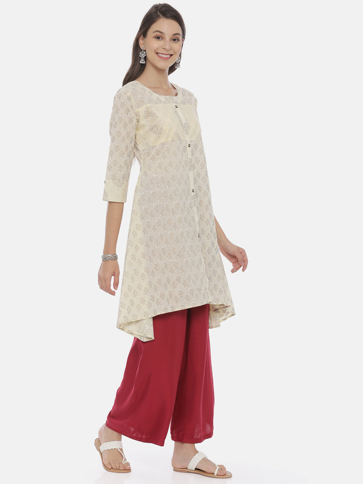 Neerus Beige rayon printed A-line kurti - side view