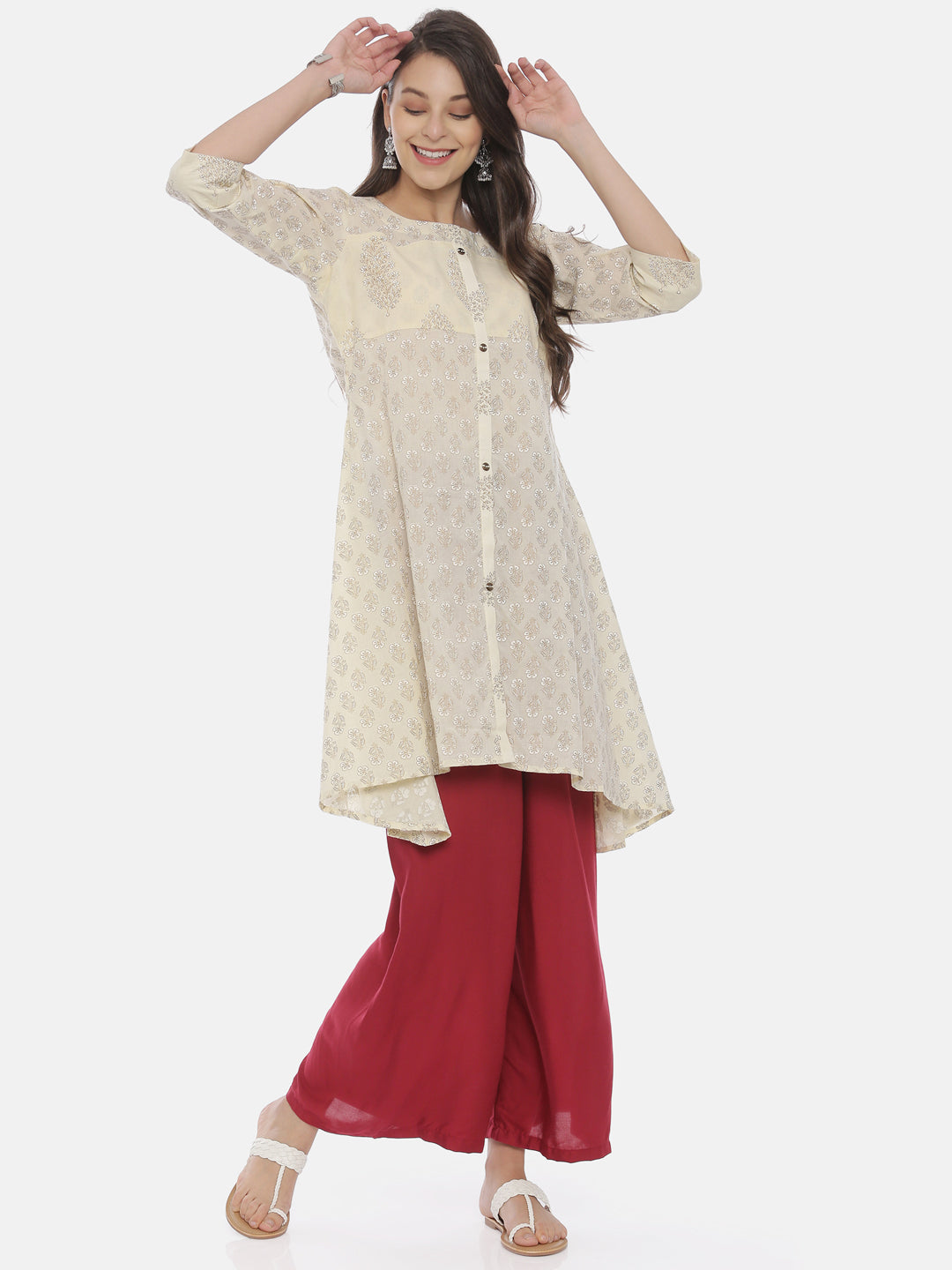 Neerus Beige rayon printed A-line kurti - detail view 3