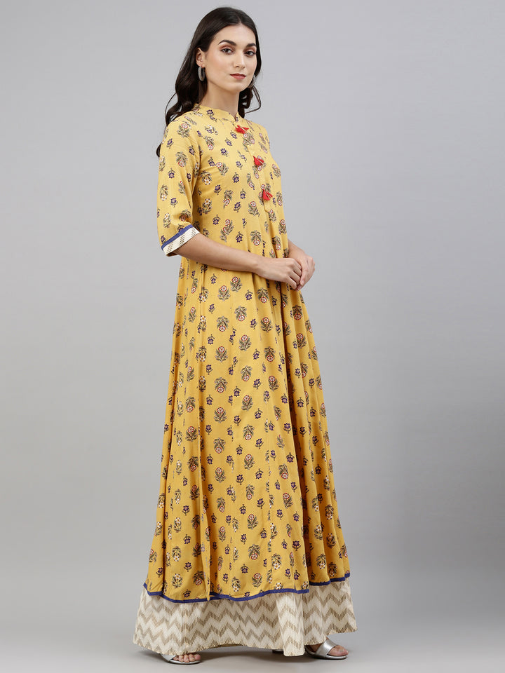 Neerus Women Yellow Printed Kurta with Skirt