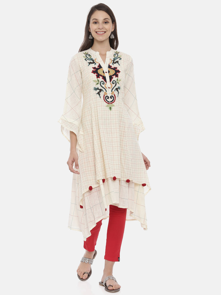 Neerus Women Cream-Coloured Embroidered Layered A-Line Kurta