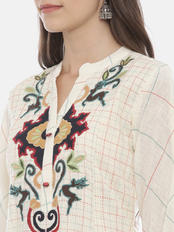 Neerus Women Cream-Coloured Embroidered Layered A-Line Kurta
