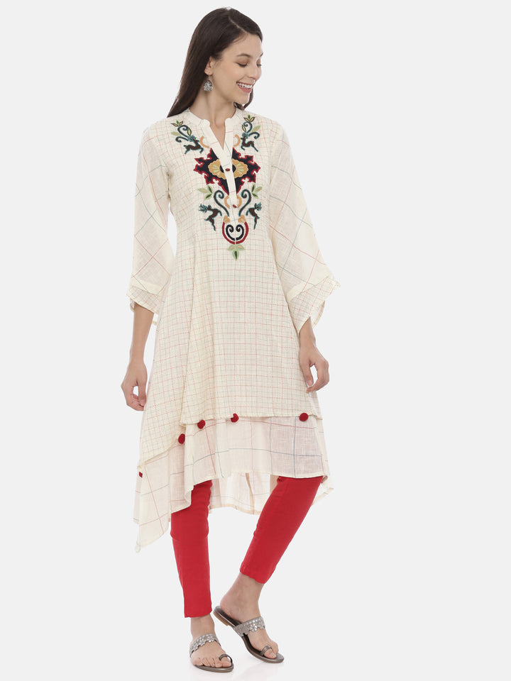 Neerus Women Cream-Coloured Embroidered Layered A-Line Kurta
