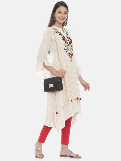 Neerus Women Cream-Coloured Embroidered Layered A-Line Kurta