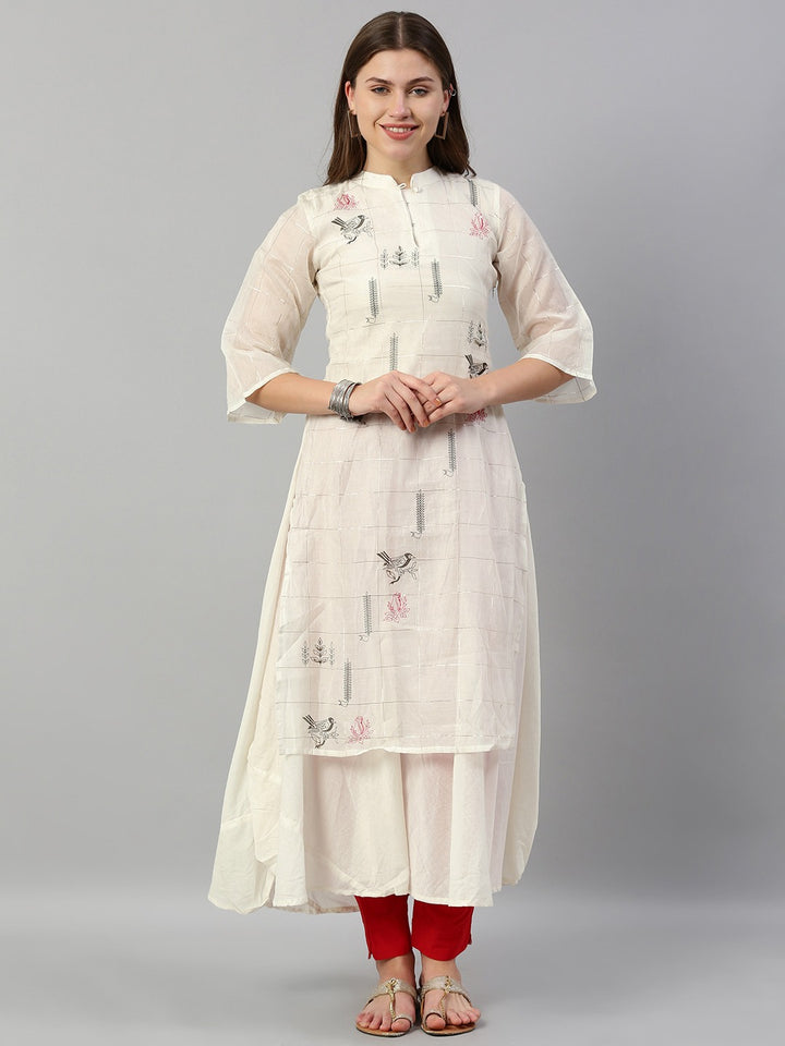 Neerus White cotton checked layered kurti - front view