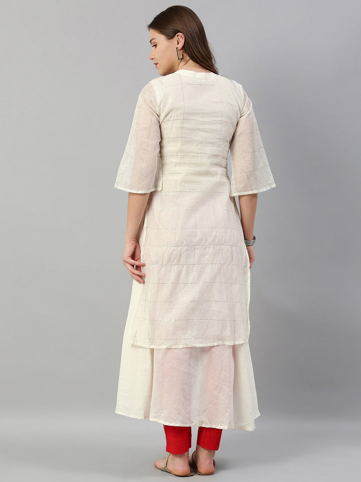 Neerus White cotton checked layered kurti - side view
