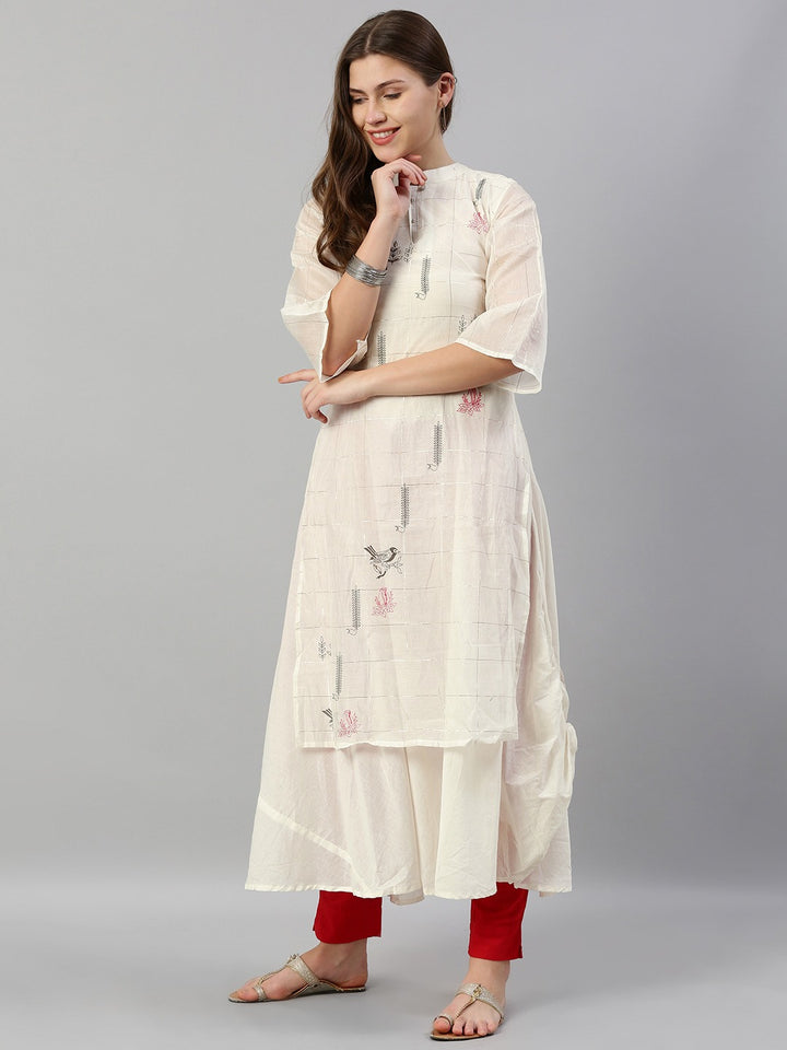Neerus White cotton checked layered kurti - back view