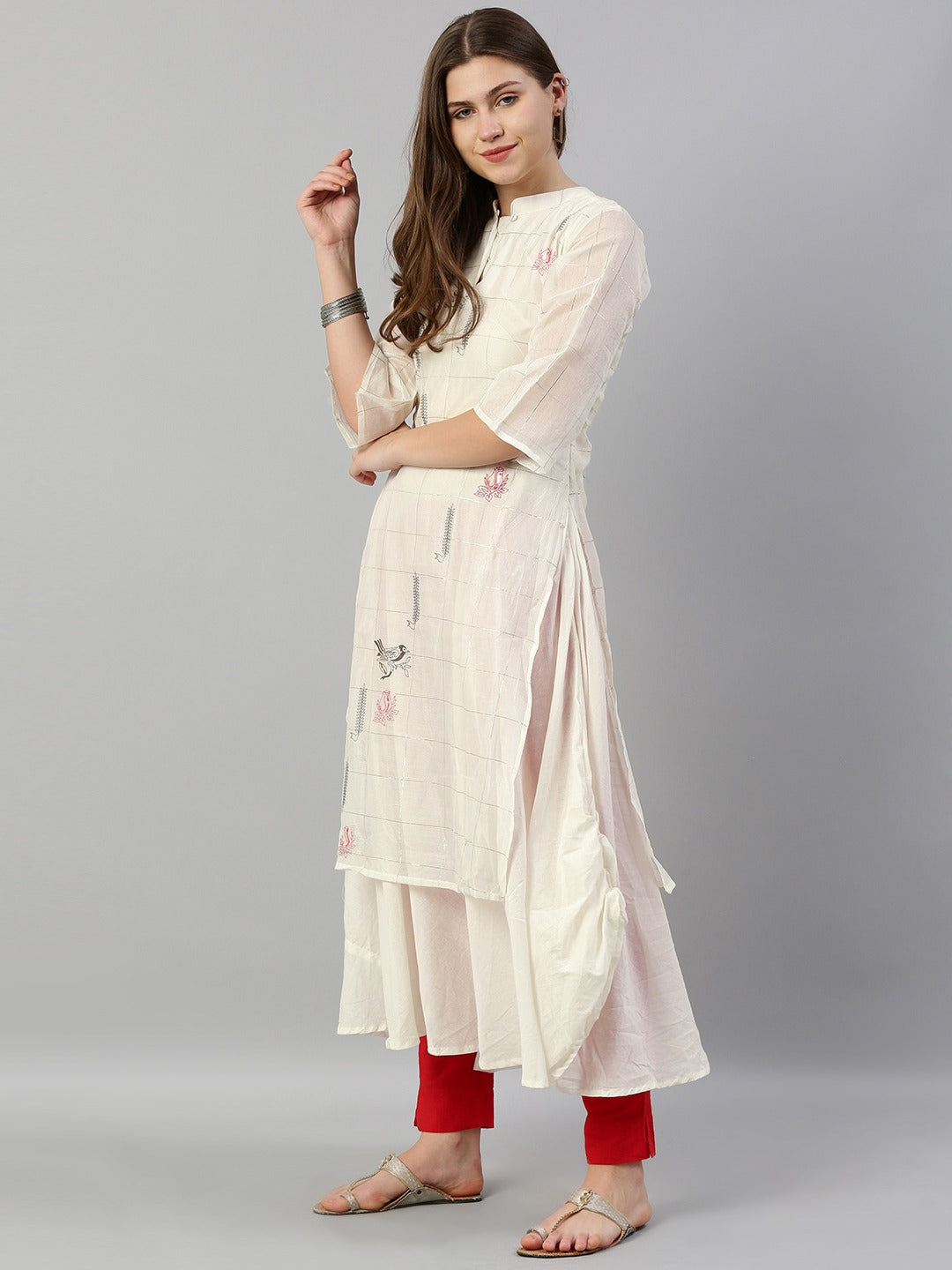 Neerus White cotton checked layered kurti - detail view 2