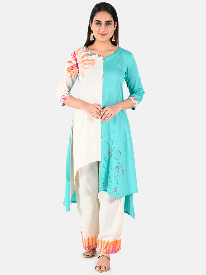 Neerus Green printed high-low kurta set with trousers - front view