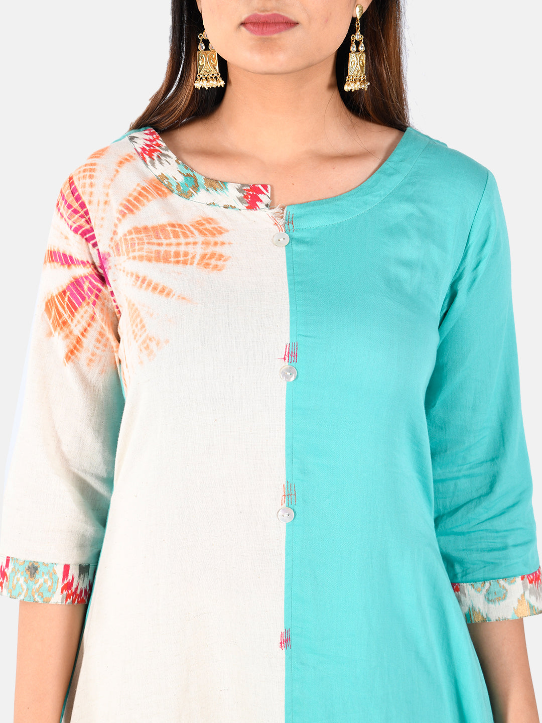 Neerus Green printed high-low kurta set with trousers - detail view 1