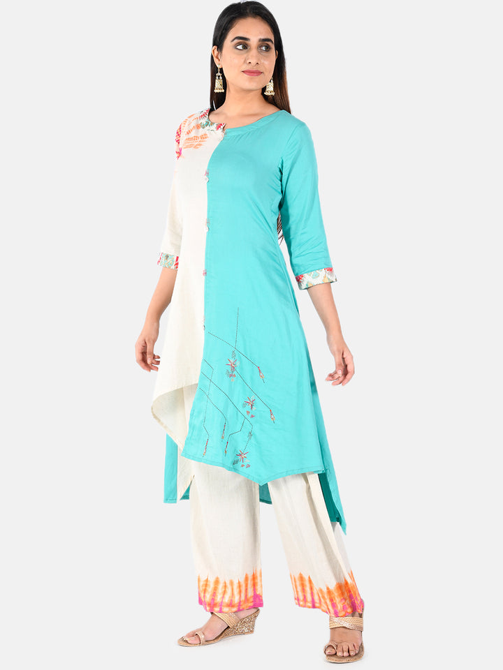Neerus Green printed high-low kurta set with trousers - detail view 2