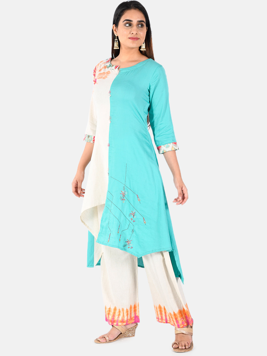 Neerus Rama Green Printed High Low Kurti and Tousers