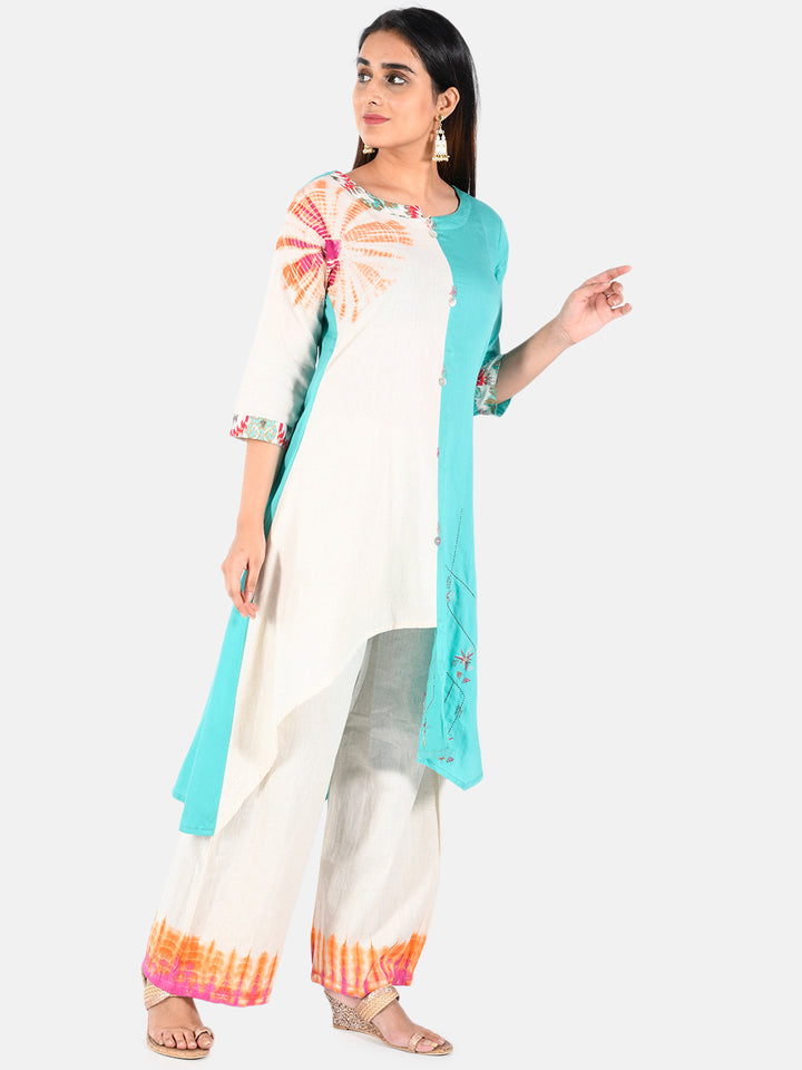Neerus Green printed high-low kurta set with trousers - back view
