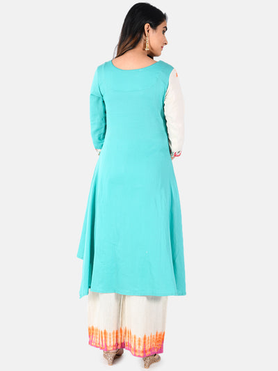 Neerus Rama Green Printed High Low Kurti and Tousers