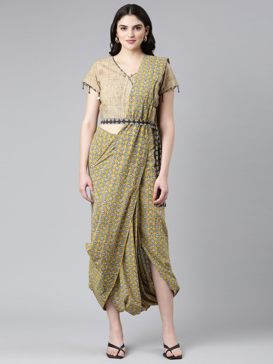 Neerus Mustard Empire Straight Solid Top And Dhoti Pants