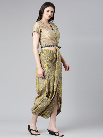 Neerus Mustard Empire Straight Solid Top And Dhoti Pants