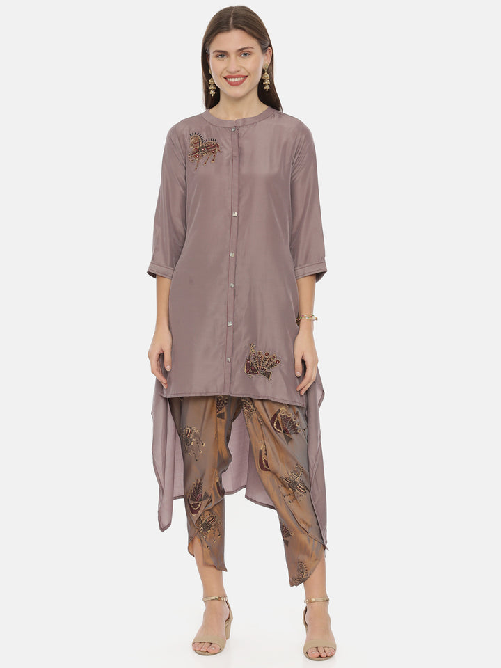 Neerus Purple embroidered straight kurta set - front view