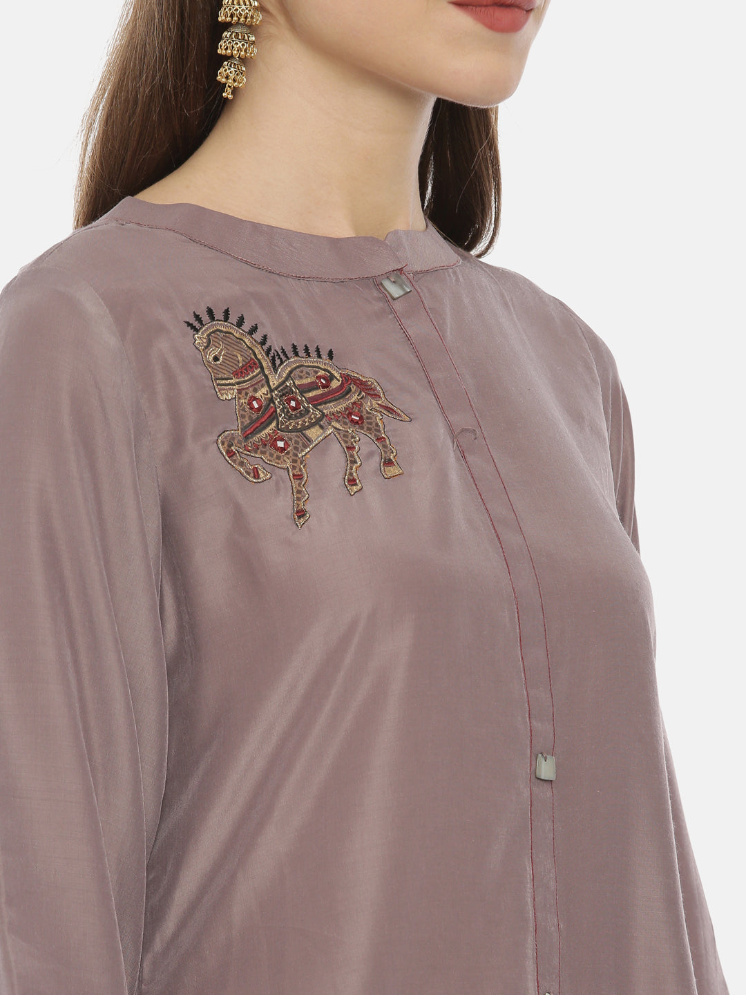 Neerus Purple embroidered straight kurta set - detail view 2