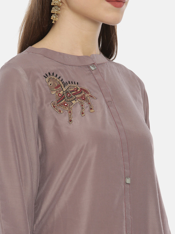 Neerus Purple embroidered straight kurta set - detail view 2