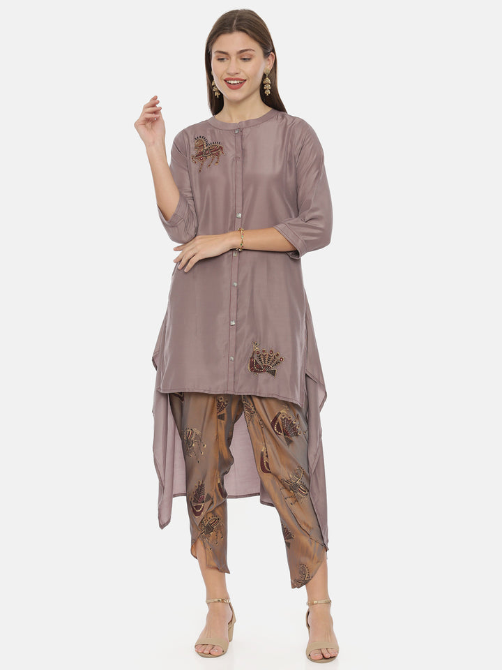 Neerus Purple embroidered straight kurta set - detail view 3