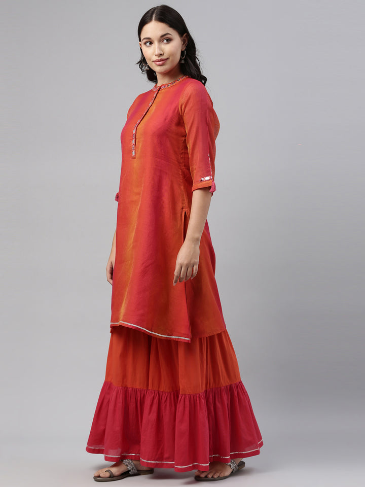 Neerus Pink chanderi pleated kurta set with sharara - back view