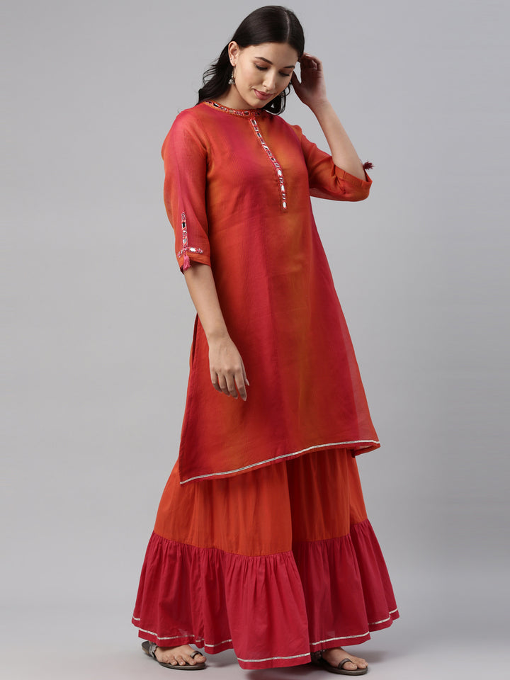 Neerus Pink chanderi pleated kurta set with sharara - side view