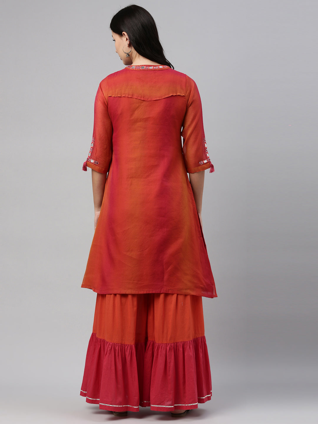 Neerus Pink chanderi pleated kurta set with sharara - detail view 1