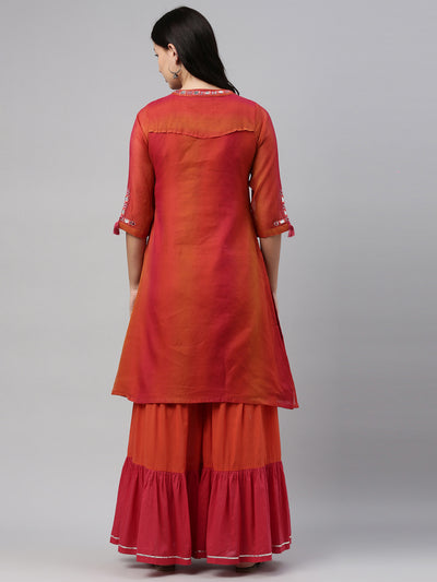Neerus Women Pink Pleated Chanderi Silk Kurta with Sharara