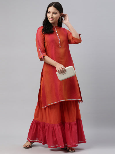 Neerus Women Pink Pleated Chanderi Silk Kurta with Sharara