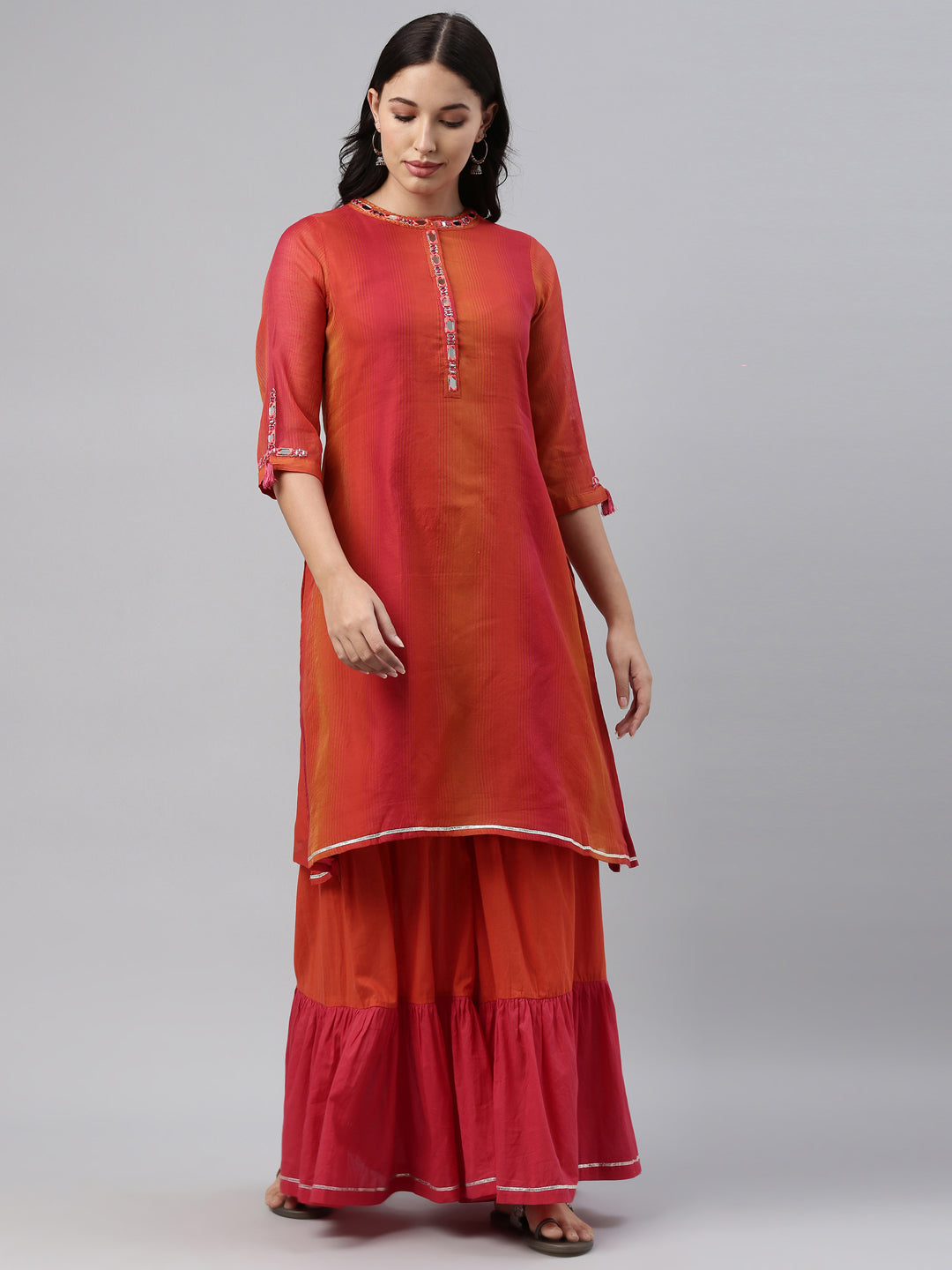Neerus Pink chanderi pleated kurta set with sharara - front view