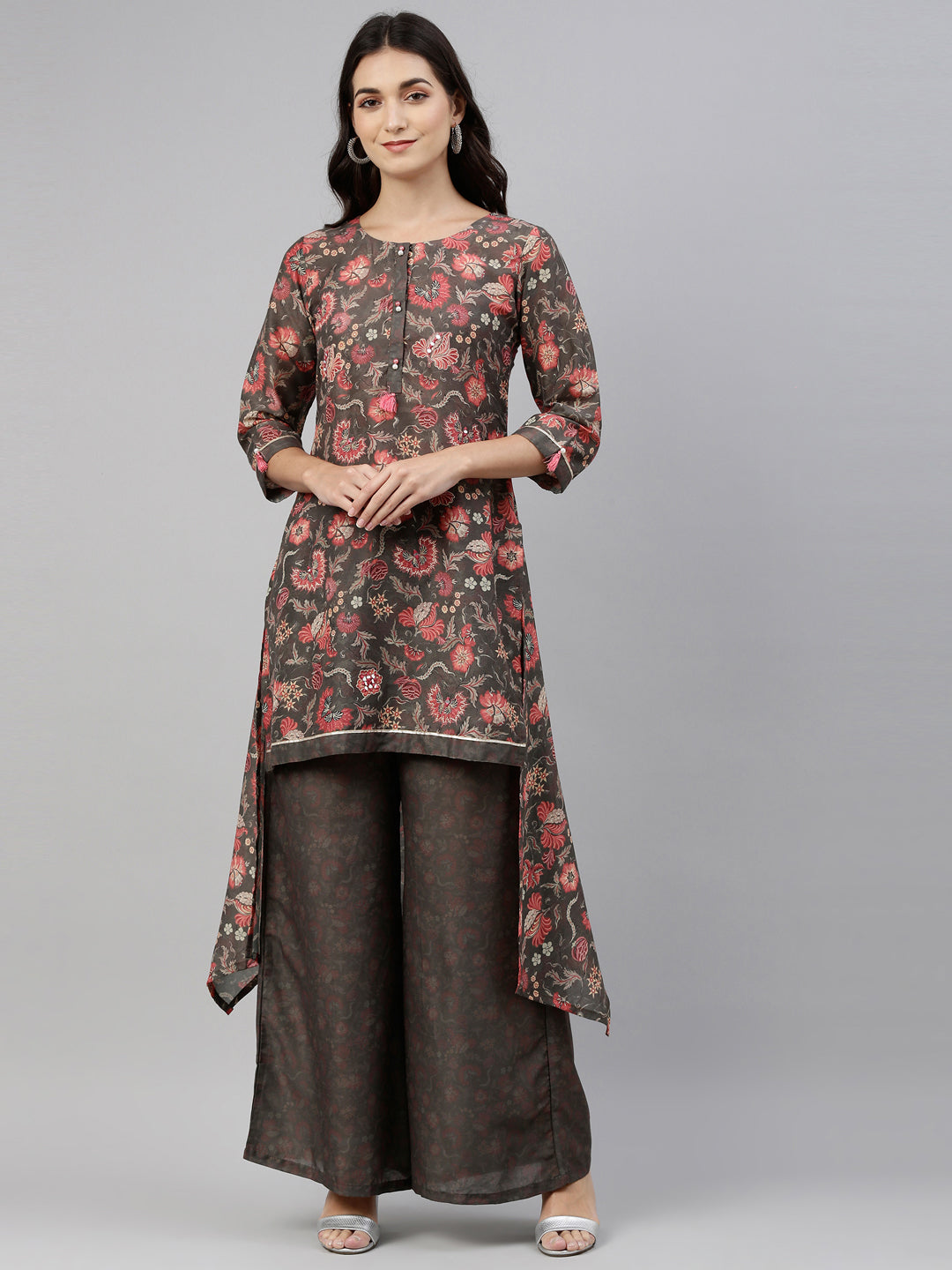 Neerus Green printed kurta set with sharara - front view