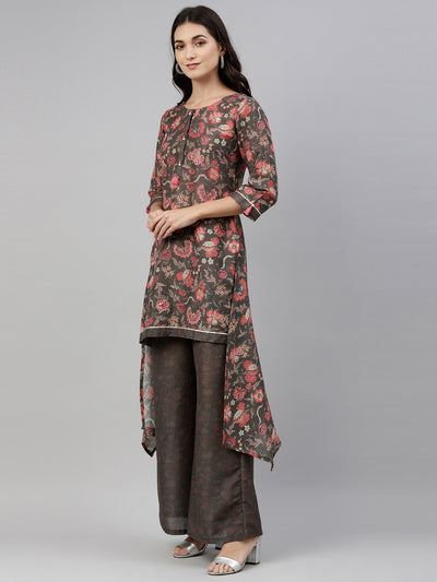 Neerus Women Olive Green Floral Printed Kurta with Sharara