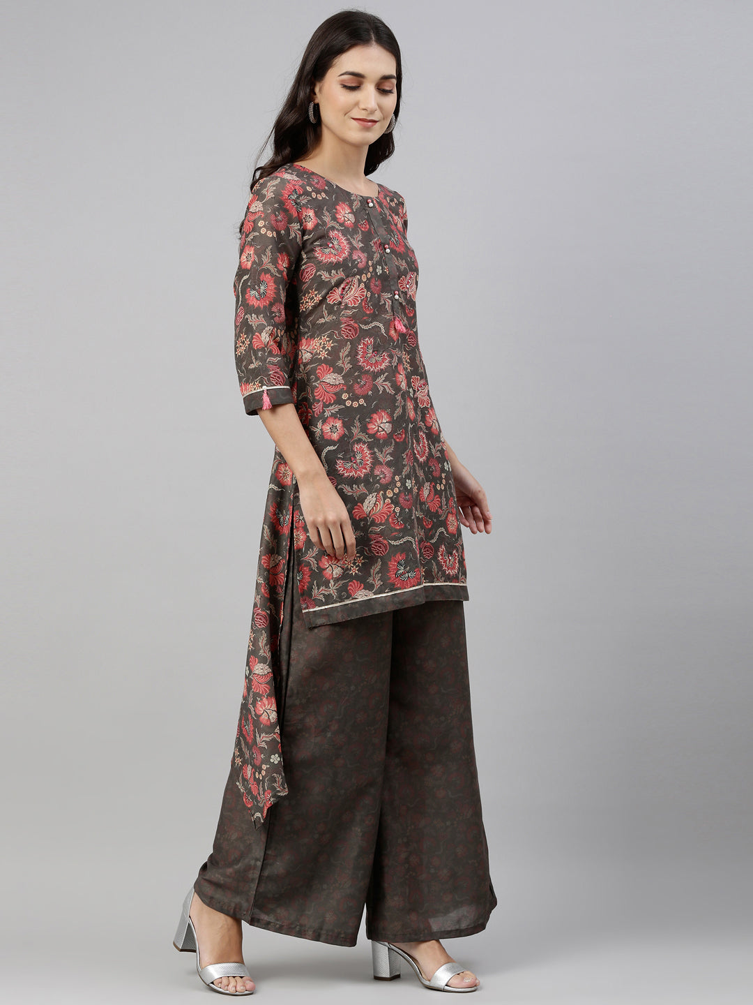 Neerus Women Olive Green Floral Printed Kurta with Sharara