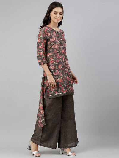 Neerus Women Olive Green Floral Printed Kurta with Sharara