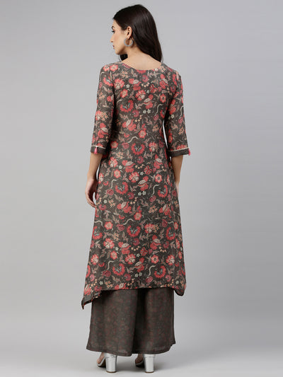Neerus Women Olive Green Floral Printed Kurta with Sharara