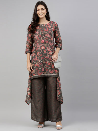 Neerus Women Olive Green Floral Printed Kurta with Sharara