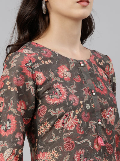 Neerus Women Olive Green Floral Printed Kurta with Sharara