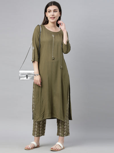 Neerus Women Green  Off-White Embroidered Kurta with Trousers