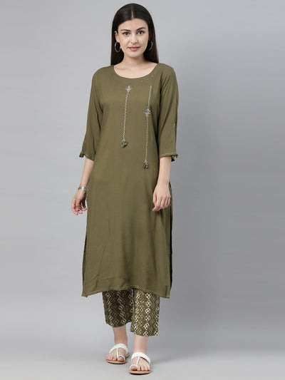 Neerus Women Green  Off-White Embroidered Kurta with Trousers