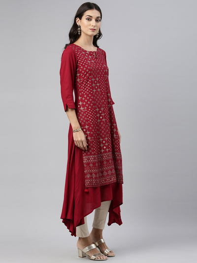 Neerus Women Maroon Geometric Printed Kurta