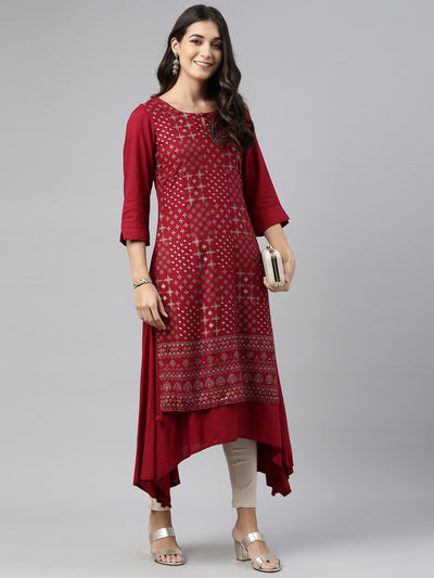 Neerus Women Maroon Geometric Printed Kurta