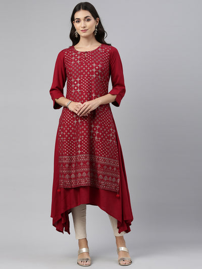 Neerus Women Maroon Geometric Printed Kurta