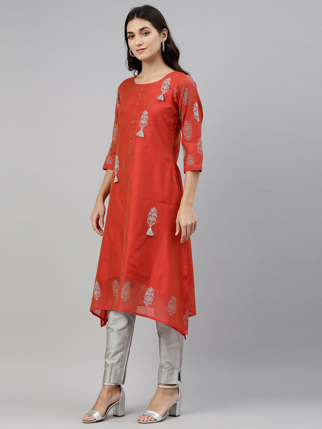 Neerus Women Orange  Silver-Toned Ethnic Motifs Thread Work Kurta