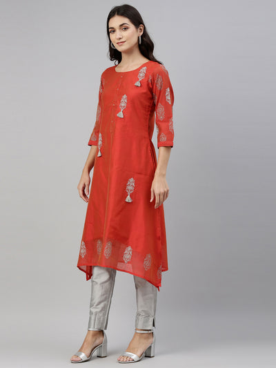 Neerus Women Orange  Silver-Toned Ethnic Motifs Thread Work Kurta