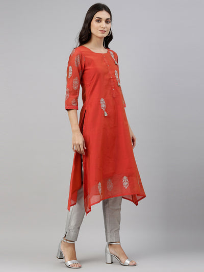 Neerus Women Orange  Silver-Toned Ethnic Motifs Thread Work Kurta
