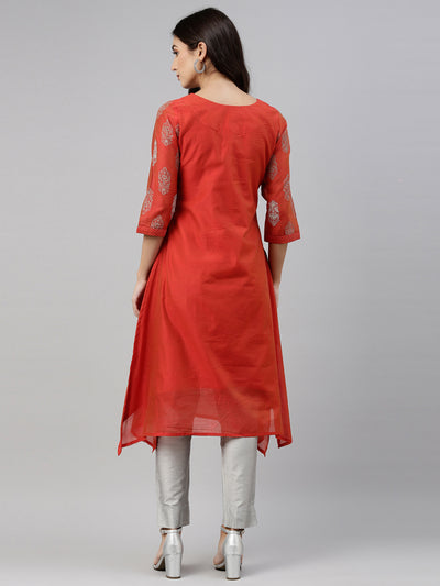 Neerus Women Orange  Silver-Toned Ethnic Motifs Thread Work Kurta